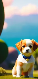 Cute puppy with scenic nature backdrop.