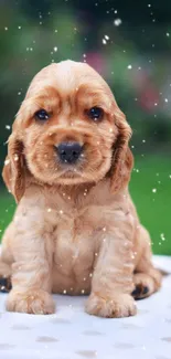 Adorable puppy sitting in a snowy outdoor setting.