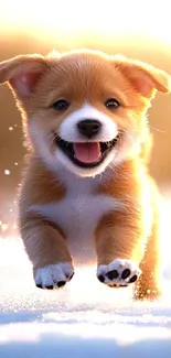 Cute puppy running joyfully in the snow with warm golden light.