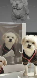 Adorable puppy next to its boxed replica wearing a stylish sweater.