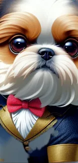 Charming puppy in a suit with a red bow tie as mobile wallpaper.