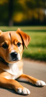 Cute puppy relaxing in a sunlit park on green grass.