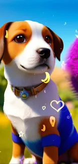 Adorable puppy in a colorful, cartoon-style landscape with whimsical shapes.