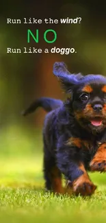 Energetic puppy running with motivational quote on grass.