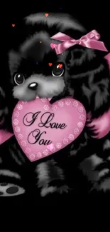 Cute black puppy with pink heart and bow on a dark background.