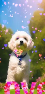 Cute puppy stands in sunny garden with 'Love' in colorful letters.