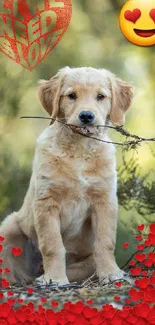 Golden retriever puppy with heart decorations and love theme.