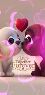 Cute cartoon puppies with a 'Together Forever' message and hearts background.