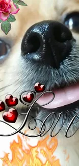 Close-up of puppy with love-themed elements.