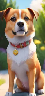 A cute brown and white puppy sitting in a sunny garden.