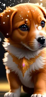 Adorable puppy with a golden collar in soft lighting.