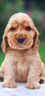 Adorable brown puppy sitting on soft white surface, outdoor background.