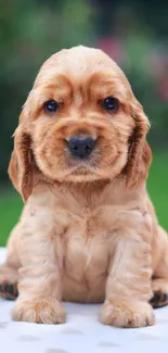 Cute Cocker Spaniel puppy sitting on a table with a green blurred background.