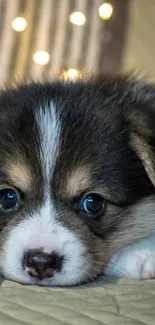 Cute fluffy puppy with big eyes lying down, soft lighting.