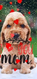 Adorable puppy with hearts for Mother's Day wallpaper.