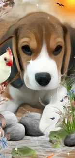 Cute puppy with birds and flowers wallpaper scene.