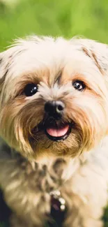 Adorable puppy smiling on green grass lawn.