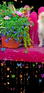 Fluffy puppy on a pink bench with flowers and a starry black background.