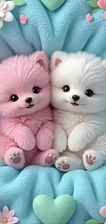 Fluffy pink and white puppies surrounded by pastel flowers.