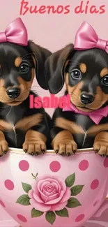 Dachshund puppies with pink bows in a teacup against pink background.