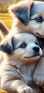 Two cute puppies with blue eyes resting in a sunny meadow.