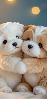 Two fluffy puppies cuddling in a warm setting.