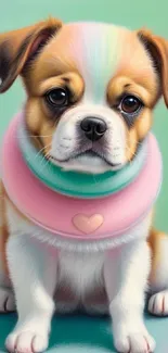 Adorable puppy with pastel hues on a vibrant wallpaper.