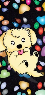 Cute cartoon puppy with colorful paw prints on black background.