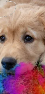 Cute puppy with colorful overlay lying on grass.