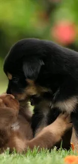 Adorable puppies playing on green grass.