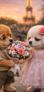 Adorable puppies sharing a bouquet in Paris with sunset background.
