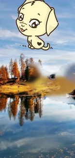 Cute puppy cartoon over scenic autumn lake and trees.