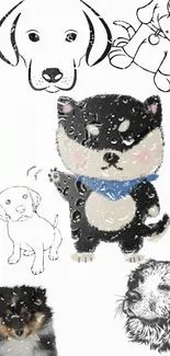 Cute and playful puppy sketches and illustrations on mobile wallpaper.