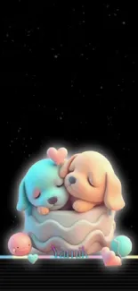 Two cute cartoon puppies on a cake under stars.