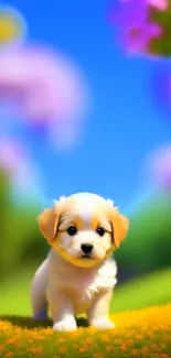 Adorable puppy on a colorful spring meadow with bright flowers.