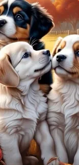 Trio of adorable puppies sitting outdoors.