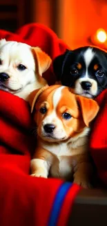 Three cute puppies snuggled in a red blanket, perfect mobile wallpaper.