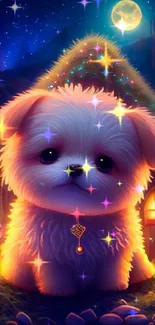 Adorable puppy under moonlit night sky, surrounded by magical scenery.