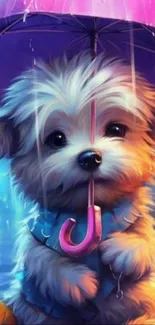 Cute puppy with pink umbrella in rain.