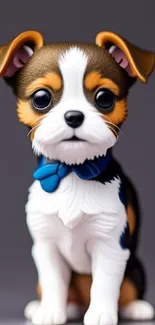 Adorable cartoon puppy with blue bowtie on gray background.