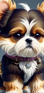 Cute fluffy puppy with vibrant fur and stylish collar in digital art wallpaper.