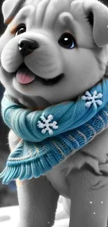 Adorable puppy with blue scarf and snowflakes in winter setting.