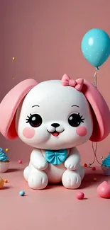 Cartoon puppy with pink ears and teal balloon on pink background.