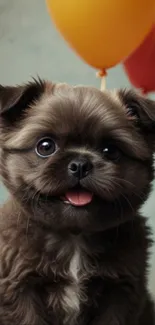A cute puppy with colorful balloons smiling.