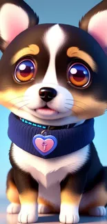 Adorable cartoon puppy with big eyes and a blue heart tag.