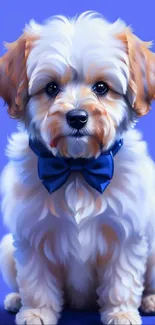 Cute fluffy puppy with a blue bow on a royal blue background.