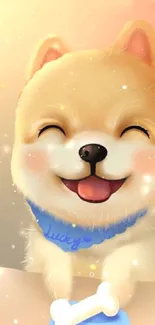 Smiling puppy with blue collar and bone, sparkles in background.