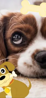 Adorable puppy with a cartoon bone, lying on a beige carpet.