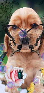 Cute puppy with butterfly on face and colorful background.