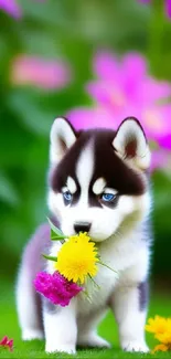 Cute husky puppy with blue eyes among colorful flowers.